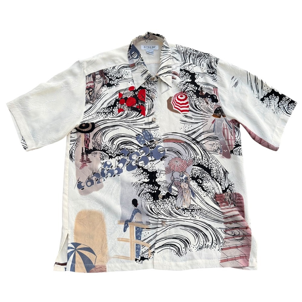 Citron‎ Santa Monica Mens Silk Aloha Shirt Asian Wave Scene Print Size S